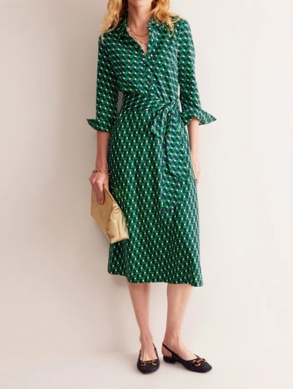 Boden  Kelly Green Printed Tie-Waist Midi Shirt Dress Size 6